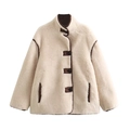 Short faux shearling jacket in beige with brown leather trim and stand-up collar design - S / Off White