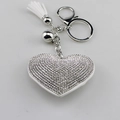 Sparkling silver heart keychain with rhinestone pavé and white leather tassel - White