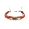 Macro detail of multi-layered bohemian beaded bracelet with woven strap and gold chain - Reddish Brown Cord + Nude Pink Translucent Beads
