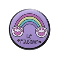 Lavender tinplate badge with colorful rainbow, white cat paws and 'be PAWSITIVE' text - Purple Rainbow Cat Paw
