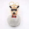 Dettaglio del ciondolo bulldog dorato con occhiali e pompon in finta pelliccia grigia - Grigio chiaro