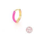 Detailed macro view showing S925 hallmark on gold plated pink enamel hoop earring - Gold - Rose Red