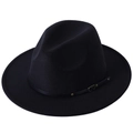 Classic black wool fedora hat featuring a leather band with a bronze metal buckle - M (56-58cm) / Black