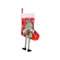 Calza di Natale con gnomo con cappello a righe verdi e bordo in morbido peluche bianco - Gnomo Rosso con Scatola Regalo