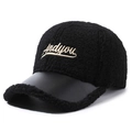 Women's warm lamb wool baseball cap with letter embroidery and leather brim details - Adjustable / Black
