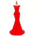 Elegant red lace mermaid evening gown with beaded embroidery and satin peplum waist - US Size 2 (S) / Red