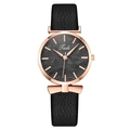Detail of rose gold watch case with leaf pattern dial and bow-shaped lugs on leather strap - Black