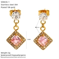 18K gold plated square pink zircon earrings in waterproof 304 stainless steel - Pink (SE863G-1)