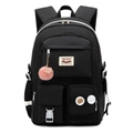 Large black school backpack for students with pink pompom and decorative badges - With Pink Fur Ball / Black