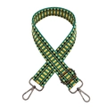 Close-up of geometric woven replacement shoulder strap with dark metal hooks and buckles - B1 Yellow Green with Gunmetal Buckle
