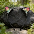 Detail of black cat ear headband with iridescent crystals on natural rock base - Pink Yellow Green Cat Ears