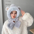 Gray plush hooded scarf with bear ears, thick faux rabbit fur winter headwear for women - Grey Blue - [With Bear Ears]