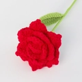 Close-up of a handmade red crochet rose flower with green stem on a white background - Pointed Rose Branch - Bright Red