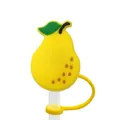 Cute pear-shaped yellow silicone straw cover with green leaf and securing ring - Yellow Pear-1704-24