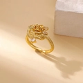 Detail of gold rose ring with sparkling zircon stones on an elegant stone pedestal - Adjustable Open / Gold Rose Flower Style (G4127631)