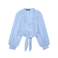 Blue and white gingham cropped shirt with V-neck ruffles and front tie knot design - S / Light Blue Gingham