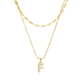 Double-layered gold stainless steel necklace with sparkling chain and letter F pendant - Gold-Letter F