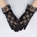 Elegant black lace wedding gloves with floral rose pattern and ruffled wrist trim - Full Finger/Ruffle / Black/Floral