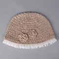 Detail of handmade crochet baby bucket hat with mesh lace trim and floral accents - M (56-58cm) / Khaki