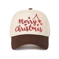 Close-up of red Merry Christmas embroidery and stitching on a two-tone trucker cap - Coffee