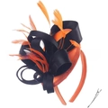 Fascinator headpiece with black satin bows and orange feathers on a headband - Black Orange