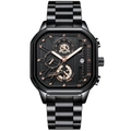 Mens black stainless steel watch with square dial and rose gold indexes by Poedagar - 628 Black Case Gold Marker Steel Band (Functional Chronograph)