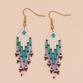 Bohemian gradient beaded tassel earrings with geometric pattern and teardrop charm - White Cyan Purple Bronze