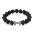 Bracelet pour homme en perles de lave noire 10mm avec breloque haltère en métal argenté - Pierre de Lave Acier (KB119643-Z)