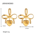 Detailed dimensions of gold bow heart earrings showing height, width and weight - Vintage Gold Bow Heart Drop Earrings (JDEW2403083)