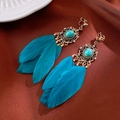 Bohemian vintage gold earrings with turquoise stones and peacock blue feathers - 14# Bohemian Feather Clip-on - Gold-Blue