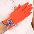 Winter thermal orange gloves with plush rabbit fur trim and grey bow detail for women - Fleece Butterfly - Orange