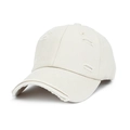 Detailed view of beige cotton baseball cap featuring vintage distressed ripped holes - Ivory