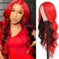 Long wavy ombre black and red synthetic lace wig for women in split screen view - Red with Black Highlights
