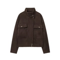 Veste aviateur en daim marron foncé avec col montant et grandes poches à rabat - XS / Café