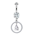 Silver stainless steel belly ring with vertical curved bar and drop zircon pendant - Style 3