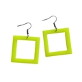 Close-up of fluorescent green acrylic earrings with geometric square hollow design - Yellow Square