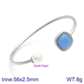 Polished stainless steel open bangle with blue square stone and white shell pearl - Silver Blue Gemstone Style (KB123014-K)