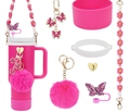Pink accessory set featuring floral handle, butterfly straw cap and silicone boot - 7-Piece Set 5-Pink Bow