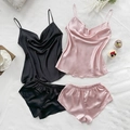 Conjunto de pijama de satén de seda para mujer con top y pantalones cortos en negro y rosa - S / Negro + Rosa