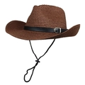 Close-up of brown straw cowboy hat with black leather belt buckle and windproof cord - M (56-58cm) / Coffee