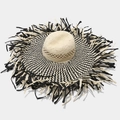 Detailed macro view of straw hat with black wavy patterns and raw fringed edges - M (56-58cm) / Black and White Wave Pattern Style (C款)