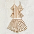 Conjunto de pijama de satén oro champán con camisola de pico y shorts con volantes - 3XL / Caqui