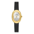 Elegant women's oval gold watch with silver dial and black leather strap on white background - White Face Black Leather Strap
