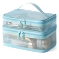 Light blue double-layer mesh makeup bag with handle and dual zipper compartments - Blue Mesh (Double Layer)