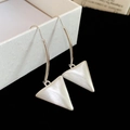 Detailed view of silver triangular brushed metal earrings on white packaging box - Silver