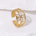 Retro goldener offener Ring mit weißer Emaille-Blume und geflochtenem Doppelband - Verstellbar / Perlweiß
