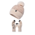 Winter knitted beanie with pom-pom and touch screen gloves set in beige for women - Beige