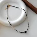 Tiger eye beaded necklace with black spinel, pearls, and gold-plated accents - Black Agate Necklace XL0284