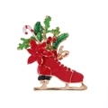 Christmas ice skate brooch with red poinsettia and candy cane on white background - Red Ice Skate (C380-A)