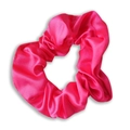 Glossy bright pink satin scrunchie with a pleated texture and elastic hair band - Rose Red
